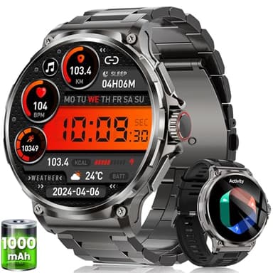 Reloj Inteligente Hombre con 1000mAh Batería, 1.92" AMOLED, 5ATM Impermeable Smartwatch Militar con Llamadas, 120+ Modos Deportivos, 24/7 Pulsómetro/Sueño/Podómetro Pulsera Actividad Android iOS Negro