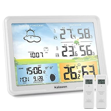 Kalawen Estación Meteorológica Radio con 2 Sensores Exteriores Pantalla Digital en Color Radio Reloj DCF Estación Meteorológica Interior y Exterior Termómetro Estación Meteorológica Radio(Blanco)