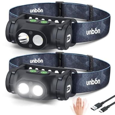 UNBON Linterna Frontal LED Recargable USB C, 2 Piezas Linterna Cabeza LED Alta Potencia con 3 Modos de Luz, Sensor Movimiento y Base Magnética, Luz Frontal Cabeza Potente Recargable Impermeable IPX4