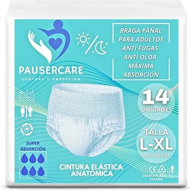PAUSERCARE Braga Pañal Ropa Interior-Adulto Unisex |Super Absorbentes Para Incontinencia Severa | Hombres & Mujeres | 15 Unidades Desechables | Máxima Protección Discreta | Día y Noche (L-XL)