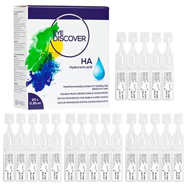 EYE DISCOVER, Gotas Ojos Secos Monodosis con Doble Humectación, Lágrimas Artificiales con Ácido Hialurónico e Hidroxietilcelulosa, Hidratantes, sin Conservantes, 20 Viales Monodosis de 0,35 ml