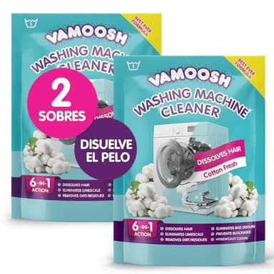 Vamoosh Limpiador de Lavadoras 6 en 1, Aroma Algodón Fresco. Disuelve pelo, elimina olores y cal, limpia en profundidad, deja olor fresco, antibacteriano, desincrusta, 2 lavados