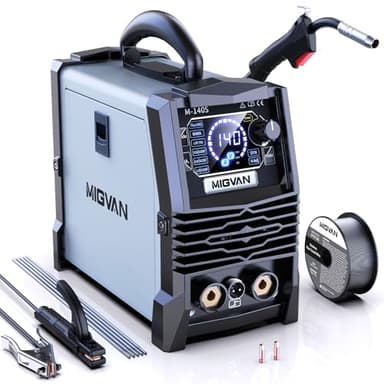 MIGVAN Maquina soldar hilo sin gas 140A ED 60%, Soldador Inverter 3 en 1 FluxMIG/MMA/Lift TIG, Compacto con sinergia, Avance de hilo One-Touch, ligera y portátil, para bricolaje