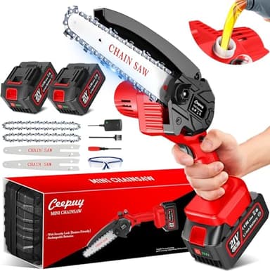 CEEPUY 2x4000mAh Mini Motosierra Batería, 6 Pulgadas, sierra electrica podar arboles 880W Eléctrica, Minimotosierras de Batería, Sierra de Mano Pequeña para Podar Árboles y Jardín