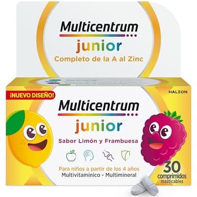 Multicentrum Junior Complemento Alimenticio Multivitamínico y Multimineral Para Niños a Partir de 4 Años, Sin Gluten, 30 Comprimidos Masticables