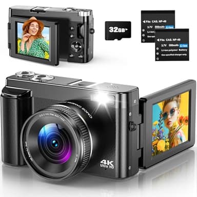 Cámara Digital 4K Camara De Fotos Compacta 48MP con Autofocus, Pantalla Flip De 180° De 3", Zoom Digital 16X, Tarjeta de 32GB y 2 Baterías para Principiantes y Adolescentes