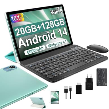 fezawio Tablet 10 Pulgadas Android 14 Tablet, 20GB RAM + 128GB ROM (TF 1TB), Octa-Core, Tablet con Teclado y Raton + Seguro de ruptura de Pantalla de un año - (Verde)