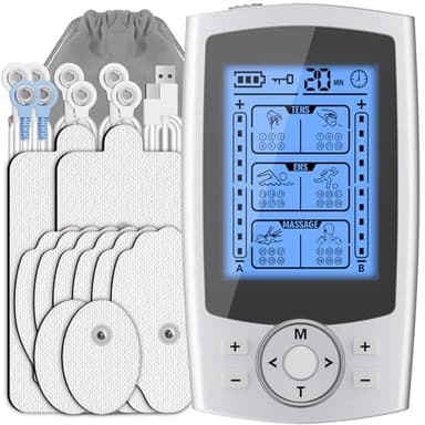 VCKHRRY Electroestimulador Muscular 3 en 1 TENS EMS Masaje Electrodos con 24 Programas 2 Canales 10 Electrodos TENS 20 Niveles de Intensidad para Muscular Relajación