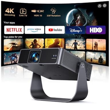 Proyector 4K【Netflix Oficial+TV Directo】 Proyector Portatil App Integrada Auto Focus/Keystone 1080P FHD Nativo con HDR10, Giro 330° WiFi Bluetooth Mini Proyectors Projector Cine en Casa/Exterior/HDMI