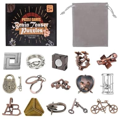 Holzsammlung 15 Piezas Rompecabezas Metal, Juegos de Ingenio Metal Puzzle, Juegos Logica Inteligencia Educativos IQ Puzzle Juguetes Metalicos Rompecabezas Regalo para Adultos Adolescentes