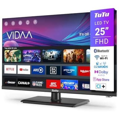 TuTu Smart TV 25 Pulgadas, FHD LED Televisor con WiFi, Bluetooth, LAN, App Store, Sintonizador Digital, Prime Video, Netflix, Youtube, DAZN, Disney+, Pluto TV y Más