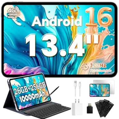 TECLAST T65 Tablet 13.4" Android 16, Pantalla 120Hz, Tablet con Teclado, Lápiz y Protectora, 26 GB RAM + 256 GB ROM, 2.2GHz Octa-Core, Doble SIM 4G LTE, 5G WiFi, 10000 mAh, Widevine L1, GPS, OTG