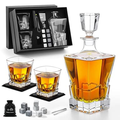 Focenat Set de Regalo de Whisky, Decantador de Whisky, Decantador 800ml, 2 Vasos de Whiskey, 8 Piedras de Whisky, Vasos y Jarra de Whisky para Bourbon Scotch Martini Coñac Cóctel, Regalo Hombre