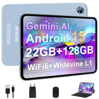 SKYEGG Tablet 10 Pulgadas Android 15 con Gemini AI– 22GB RAM + 128GB ROM Ampliable 1TB, WiFi 6, Octa-Core, Widevine L1, Batería 6000mAh, Cámaras 8MP + 5MP, con Teclado, Ratón y Funda – Verde
