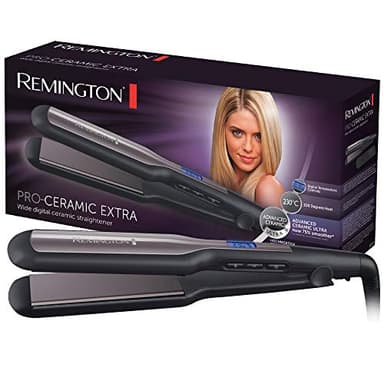 Remington Plancha de Pelo Pro Ceramic Extra, Cerámica Avanzada Ultra, Placas Flotantes Anchas, Temperatura hasta 230°C, Función Turbo y Bloqueo Temperatura, Digital, Calentamiento 15s, S5525