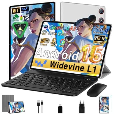 UJJ Tablet 10 Pulgadas Android 15, 64GB ROM + 2TB TF, Gemini AI, Octa-Core, 5G WiFi 6, Widevine L1, GMS, Bluetooth 5.0, 5MP+ 8MP, 3.5mm Audio, 1280 * 800 FHD IPS, Tablet con Teclado y Ratón, Plateado