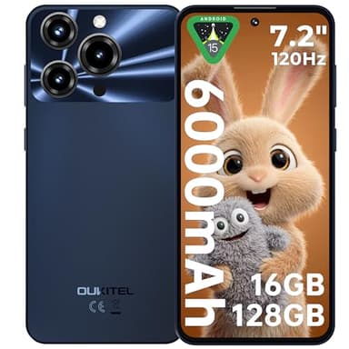 OUKITEL C69 Telefonos Moviles Libres - 7,2 Pulgadas HD+ 120Hz 16GB RAM+128GB ROM/TF 1TB Telefono Movil, Batería 6000mAh Cámara 64MP+8MP, Android 15 Smartphone, 4G Dual SIM/Face ID/Fingerprint-Negro