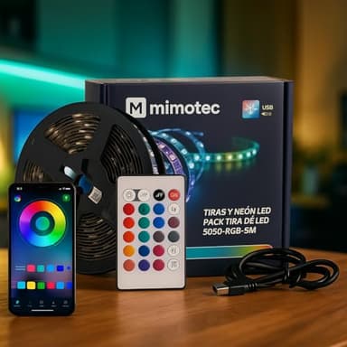 M mimotec - Tira LED USB 5V RGB, Luz LED Habitación 5 metros con adhesivo, Control Musical con App, Multicolor Regulable en intensidad, Súper Brillante LED Tira para Fiestas, MI5505
