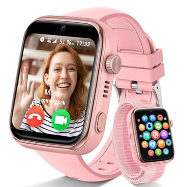 4G Reloj Inteligente Niño, Smartwatch Niños con GPS y Llamadas, Videollamadas, Chat de Voz, SMS, WhatsApp, SIM, SOS, Modo Escuela, WiFi, Localizador, Podómetro IP68 Reloj Niño y Niñas Rosa Regalo