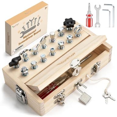 Vanplay Juguetes Montessori, Juguetes Niños 3 Años, Juguetes de Madera con Cerradura y Llave Tablero de Destornilladores Herramientas Juguete, Juegos Educativos Regalo Niña Niño 3 4 5 6 Años