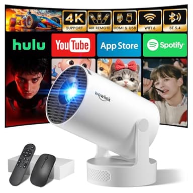 [Apps integradas & 2026 Upgraded] Mini Proyector con WiFi 6 Bluetooth 5.4 Support 4K 1080P Auto Keystone 180° Rotable Proyector Portátil Compatibile con HDMI/TV Stick/Memory Stick/Laptop, Blanco