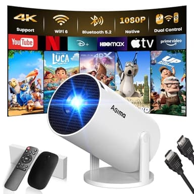 [App Integrada] Mini Proyector 2025 Upgraded Proyector Portátil, Dual Control con Ratón Android TV WiFi 6 BT5.2 180° Rotation HDMI/TV Stick/USB/PS5/Laptop, con Cable HDMI y Ratón, Blanco