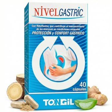 Nivelgastric | Fórmula Antiácidos Estómago para Salud Gastrointestinal | Con Regaliz, Jengibre, Nopal, Aloe Vera y Riboflavina | Extracto Patentado Gutgard | Vegano, No-GMO | 40 Cápsulas | TONGIL