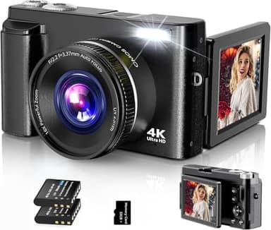 Cámara Digital 4K, 48MP Camara de Fotos con Enfoque Automático, Cámara Compacta con Pantalla Abatible 180°, Cámara Fotográfica con 2 Baterías, 32GB Tarjeta para Principiantes