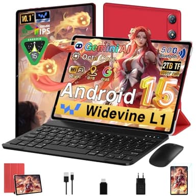 UJJ Tablet Android 15 10 Pulgadas Gemini AI con 64GB ROM + 2TB TF, Octa-Core, 5G WiFi, Widevine L1, GMS, Bluetooth 5.0, 5MP + 8MP, 3.5mm Audio, 1280 * 800 FHD IPS, Tablet con Teclado y Ratón - Rojo