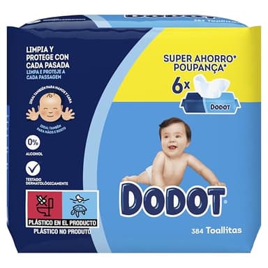 Dodot Toallitas Bebé Seco para Bebé, 384 toallitas, recupera el pH de la piel del bebé (6 Paquetes de 64)