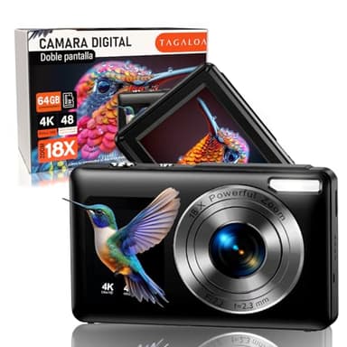 TAGALOA Cámara Digital 4K Cámara de Fotos 48MP Camara Fotos Digital Cámara Digital Compacta con Doble Pantalla Selfie, Zoom 18X, Tarjeta SD 64GB y Bolsa, Cámara para Niños y Adolescentes