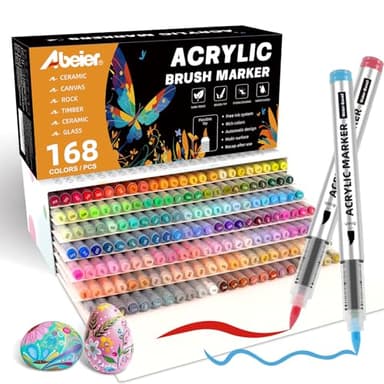 ABEIER 168 Colores Rotuladores Acrilicos, Marcadores AcríLicos de Cabeza de Cepillo Suave, Marcadores Rotuladores Acrílicos para Colorear Adultos, para Piedra, Madera, Lienzo, Vidrio, Cerámica