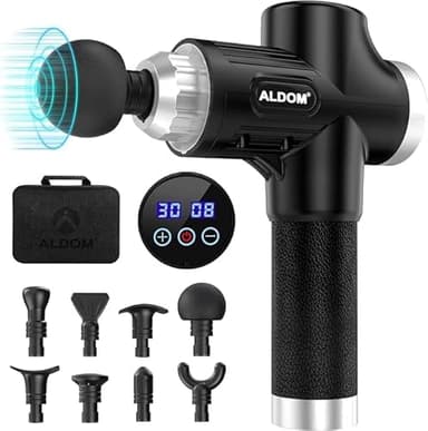 ALDOM Pistola de Masaje Muscular, Massage Gun Masajeadora Músculos Profesional y Carga Tipo C, 30 Niveles Ajustables, Silenciosos, 8 Cabezales Masajeador (Negro Plata)