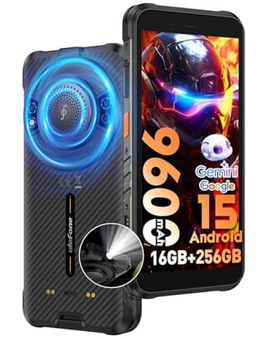 Ulefone RugKing Android 15 Teléfono Móvil Resistente, 16GB+256GB/2TB, 50MP+8 MP+2MP, 5,99 "HD+, 9600 mAh, AI Movil, Irrompible126 dB Altavoz, Linterna/OTG/NFC/GPS/IP68/IP69K