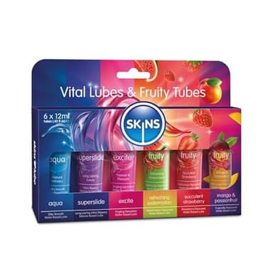 SKINS Set de Lubricantes Sexuales - Paquete de seis tubos de gel lubricante que incluyen un lubricante a base de agua, un lubricante de silicona, aromatizados, lubricante estimulante y lubricante anal