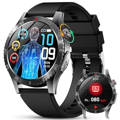 Reloj Inteligente con ECG/HRV/Ácido Úrico/𝐆𝐥𝐮𝐜𝐞𝐦𝐢𝐚 1,43" AMOLED Redondo Smartwatch con Llamada Bluetooth, 24H Monitor de sueño/Presión Arterial, Reloj Deportivo para Android/iOS