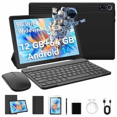 MUJENYZ Tablet con Teclado Android14 Tablet 10 Pulgadas, 12GB RAM+64GB ROM+Expandible 1TB, WIFI6+BT5.4/Widevine L1/GMS/5000mAh, Stylus, Teclado, Ratón, Auriculares, Funda