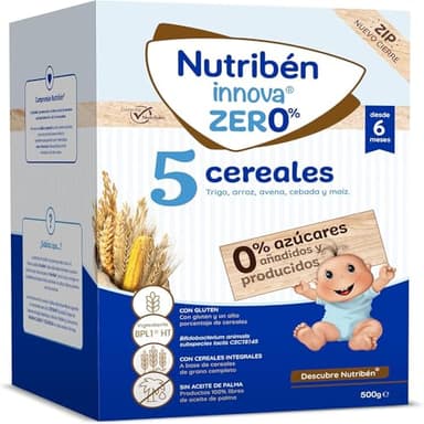 Nutribén innova ZERO 0% 5 Cereales, 500g, Trigo, Arroz, Avena, Cebada y Maiz, Bebés a Partir de 6 Meses, 0% Azúcares Añadidos y producidos, Cereales Integrales