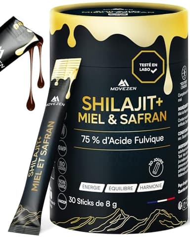 MOVEZEN Shilajit +, Resina auténtica 100% pura del Himalaya con miel y azafrán orgánico, energía duradera, vitalidad, concentración, 30 palos de 8 g, rica en ácido fúlvico y húmico, 85+ minerales