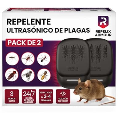 REPELIX ARMOUR Repelente ultrasónico de plagas para Interiores – Pack de 2 – Cubre 140m² por Dispositivo – 3 Modos – Repele Ratones, Ratas, arañas, Mosquitos, Hormigas, Insectos y Moscas
