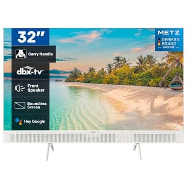 Metz 32 Inch Portable Smart LED TV, 32MTE7000Z Google Television, HD, HDR10, 2x10W Powerful Front Speakers, DBX, Dolby Audio, Chromecast, Work with Google Assistant, White, 80 cm [Energy Class E]