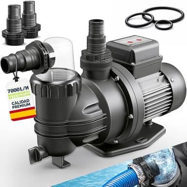tillvex® Bomba de filtro piscina con temporizador 7 000 L/h & 250 W | Altura de impulsión máx. 7,5 m | Bomba de circulación 22 m³ | Autoaspirante piscina desmontable & spa con prefiltro