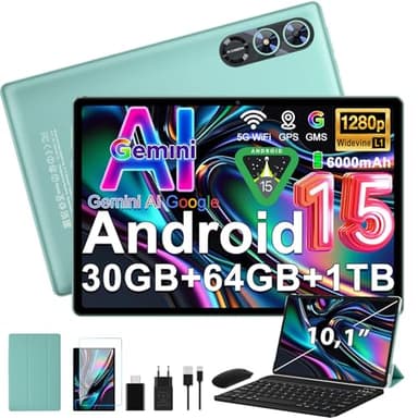 fezawio Android 15 Tablet 10 Pulgadas Gemini AI, Tablet PC Octa-Core, 30 GB RAM + 64 GB ROM (1TB TF), 3.5mm Audio/GMS/WiFi 6 & BT 5.0 / 6000mAh / GPS/Widevine L1, Tableta con Teclado-Verde
