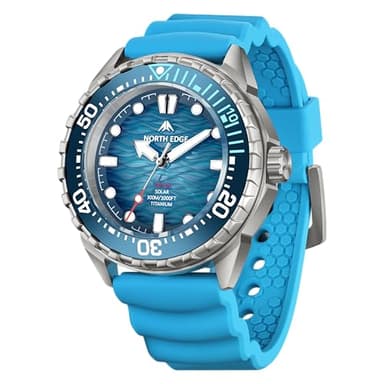 NORTH EDGE Triton-TI - Reloj de buceo solar azul para hombre, caja de titanio, resistente al agua hasta 300 m, luminoso, autocarga, bisel unidireccional, reloj de buceo profesional