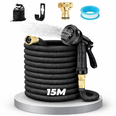 Manguera de Jardín 15 m – Flexible y Resistente, Antienredos y Antifugas, con Boquilla de Pulverización y Conectores para Riego en Exteriores.