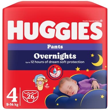 Huggies Overnight - Pañales de noche para bebé, talla 4 (9-14 kg), pañales absorbentes para la noche, diseño Disney, paquete de 26 bragas