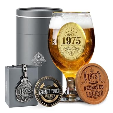 CROWNLY CRYSTAL® 1975 Regalo 50 Años Hombre Copas Cerveza Originales Regalos Personalizados Regalos Originales Para Hombre Decoración 50 Cumpleaños Hombre Regalos Para Papa Tarjeta Cumpleaños