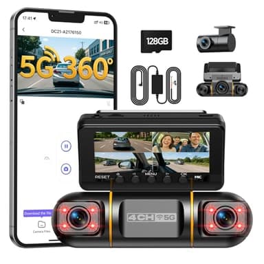 Volam 360° 4 Canales Dashcam Delantera y Trasera, 5GHz WiFi & App Dash CAM Coche, Camara Coche Grabadora con Tarjeta 128 GB, Visión Nocturna IR, 24H Modo Aparcamiento con Kit de Cableado Gratis
