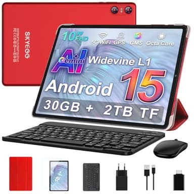 SKYEGG Tablet 10 Pulgadas Android 15 con Gemini AI, 30 GB RAM + Ampliable 2 TB ROM, Octa-Core, Widevine L1, WiFi 5G, BT 5.0, Cámara 8 MP + 5 MP, Batería 6000 mAh, con Teclado, Ratón y Funda – Rojo