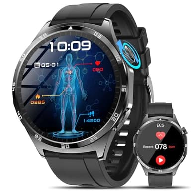 Reloj Inteligente Hombre con ECG/HRV/Ácido Úrico, 1.43" AMOLED Smartwatch con Llamada Bluetooth Fatiga/Emociones, 24/7 ρresιón Arterιαl, Temperatura Corporal, Sueño Pulsera Actividad